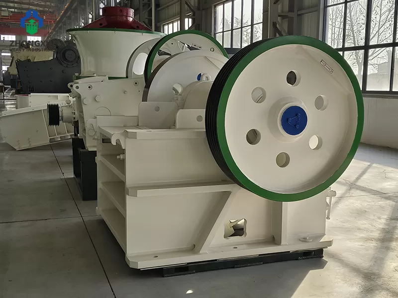 PE Series Jaw Crusher front view in factory workshop with heavy-duty steel frame