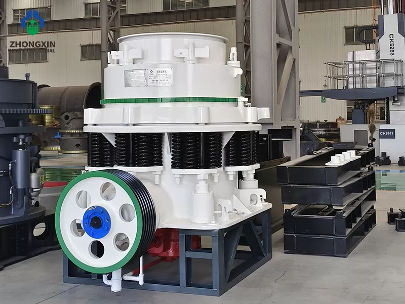 Symons cone crusher complete unit ready for quality inspection at workshop