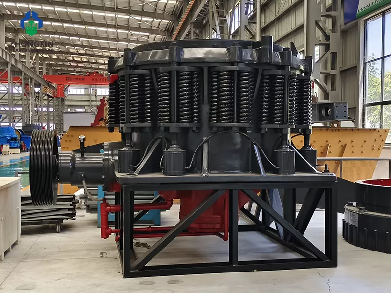 Cone crusher machine moving cone and mantle assembly at workshop