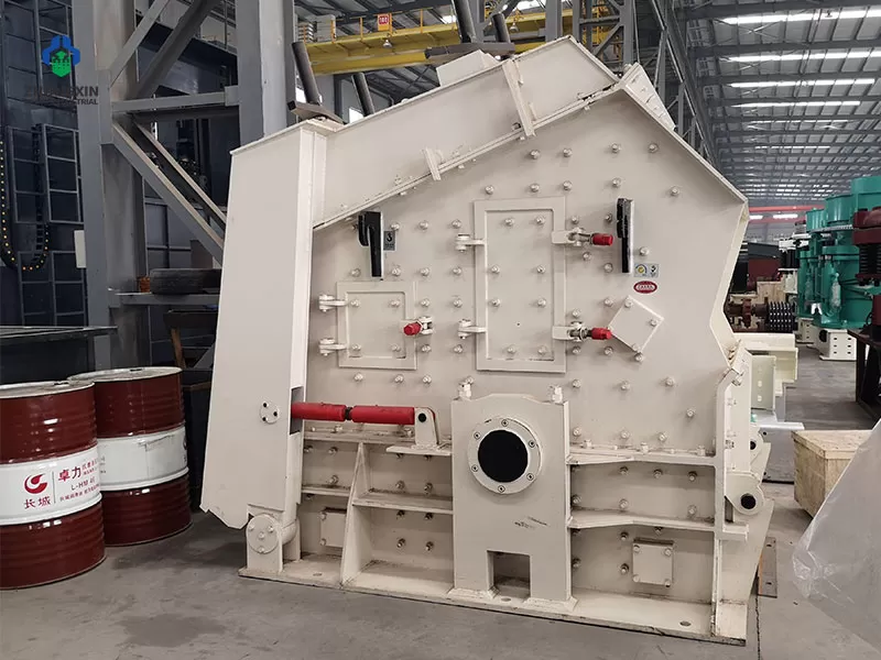 PF impact crusher side view showing impact plates and discharge opening