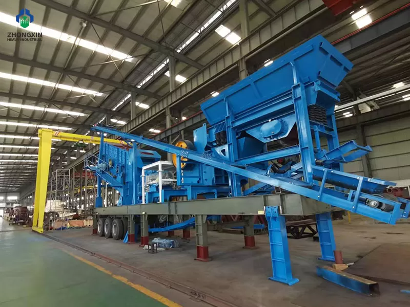 Mobile jaw crusher plant front view with tracked chassis and jaw crusher unit
