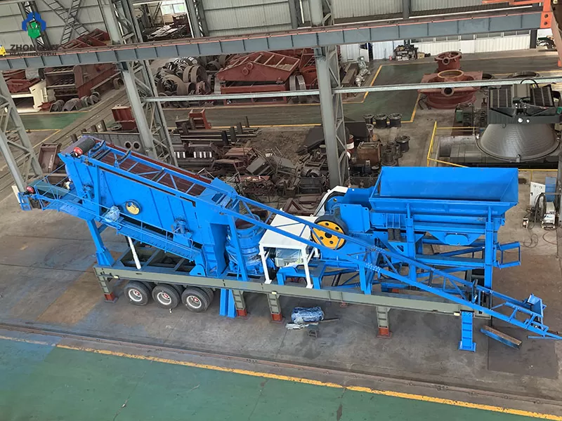 Mobile jaw crusher machine feed opening with deep V-shaped crushing chamber