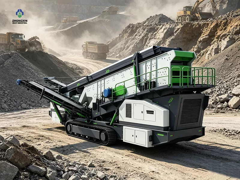 Crawler screening and crushing station working at quarry site for aggregate production