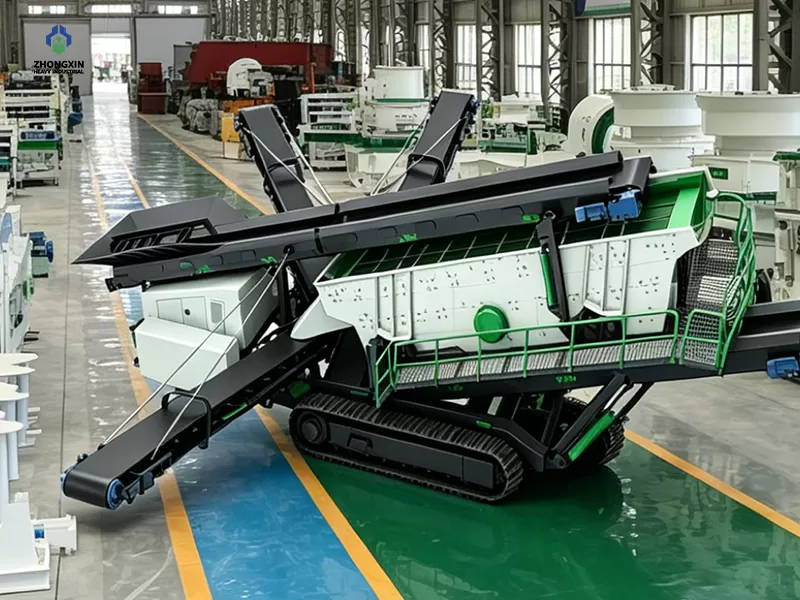 Track-mounted screening and crushing equipment assembly in heavy machinery workshop