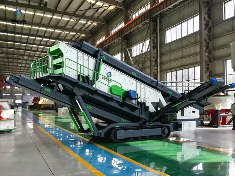 Track-mounted mobile screening plant manufacturing and assembly process in industrial workshop