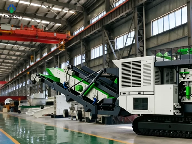 Crawler mobile cone crusher production and assembly in professional manufacturing workshop