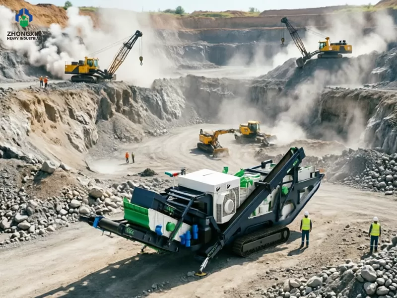 Mobile impact crushing plant crushing hard rock at quarry