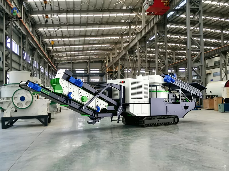 Factory exhibition shot of tracked mobile sand crusher and screening integrated processing plant