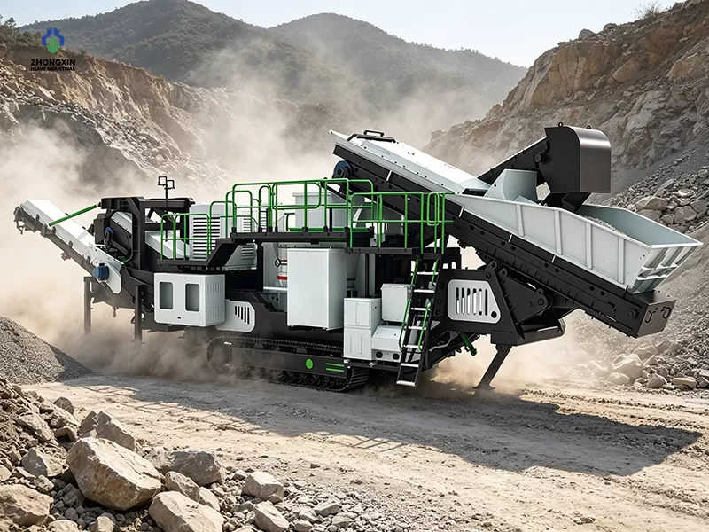 Real working rendering of hydraulic crawler mobile sand station at open mine gravel yard