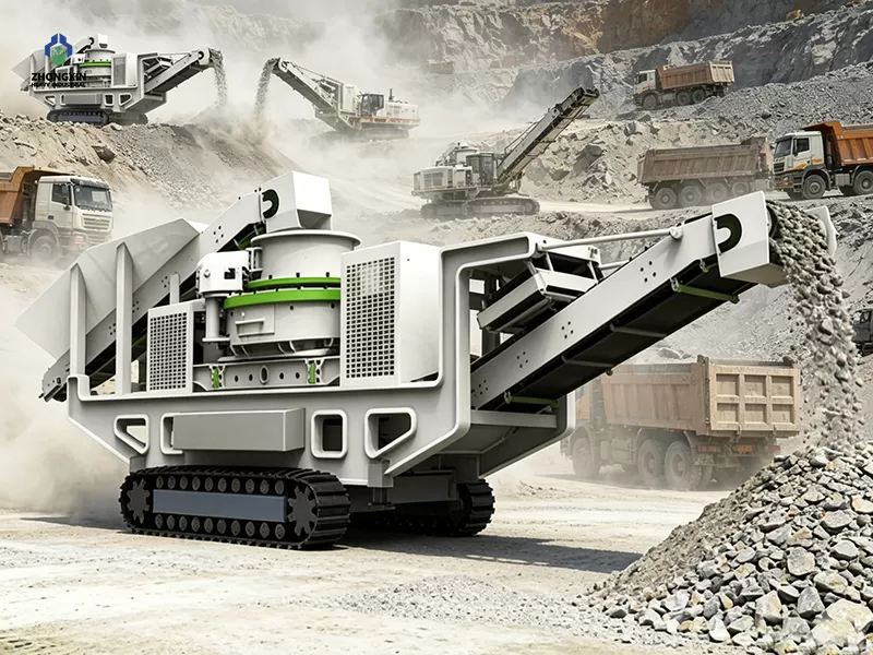 Heavy duty crawler mobile sand crushing production line operating in mountain stone mine site