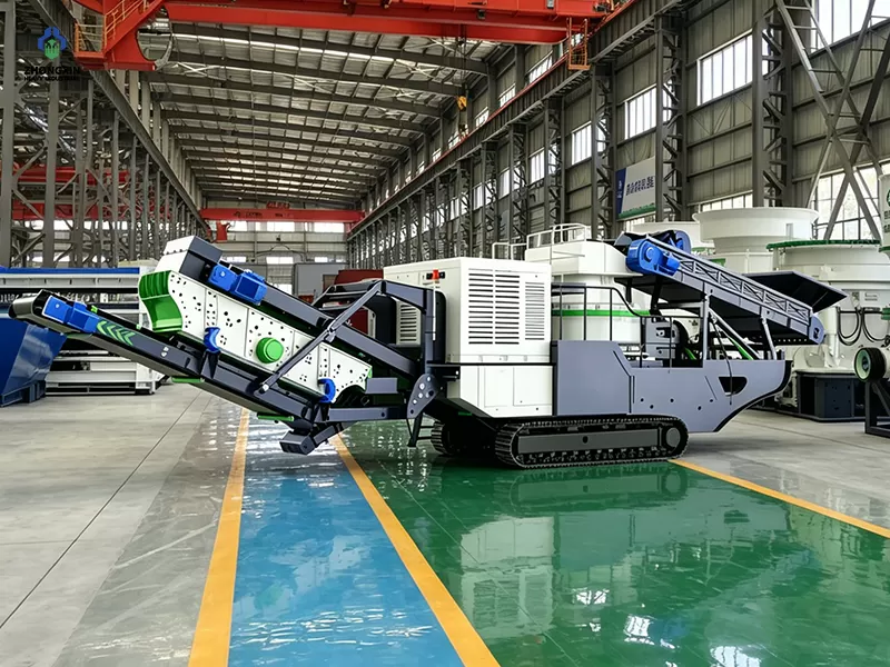 Large crawler mobile crushing sand making station arranged in clean heavy industry production workshop
