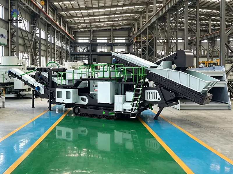 Crawler mobile vertical shaft impact sand making crushing station displayed in heavy machinery manufacturing workshop