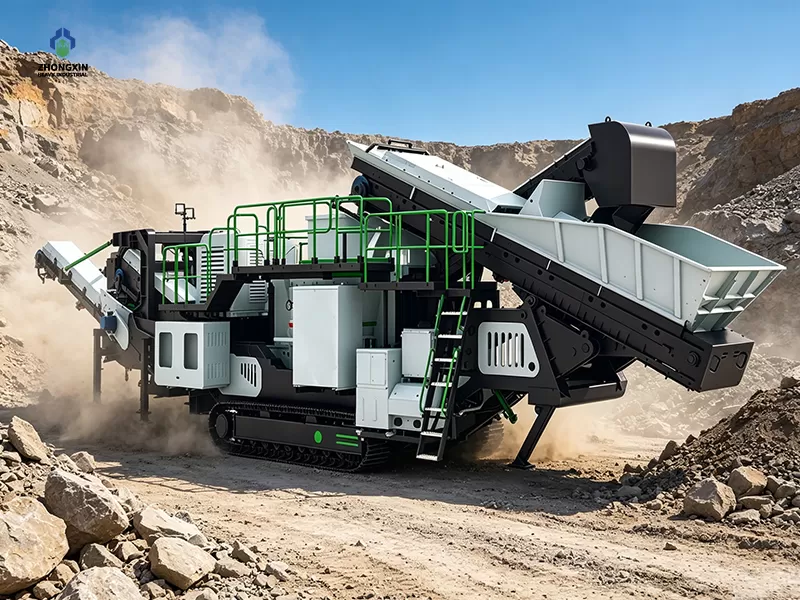 field shooting of tracked portable rock sand crusher producing aggregate at mine construction site