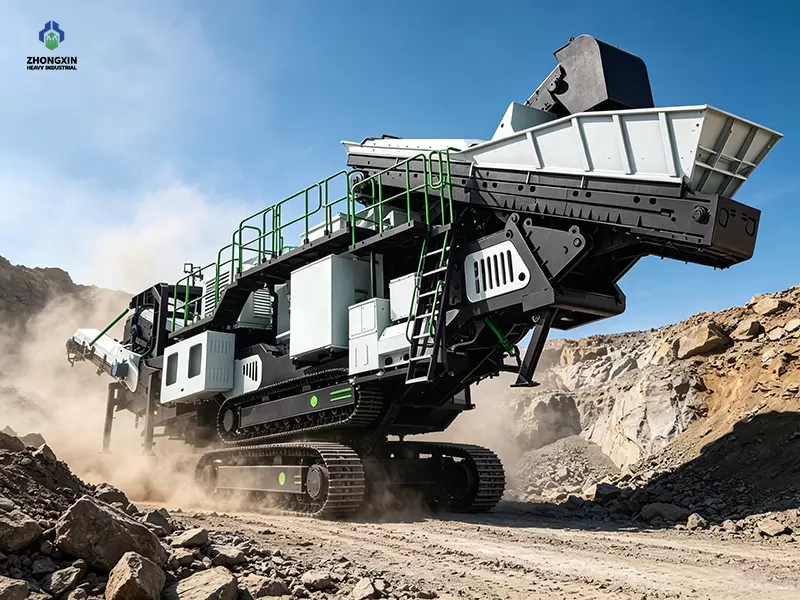 Mobile vertical shaft impact sand maker discharging crushed gravel at mountain quarry work scene